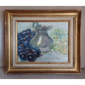 Oil On Panel "pitcher With Bunches Of Grapes"