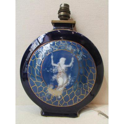 Rare Old Foot Lamp Signed Tharaud Limoges Porcelain Elegante Swing