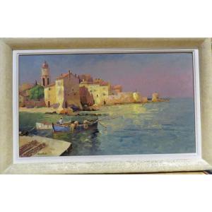 Large Oil Painting On Canvas By Osietski Marine Port Corse Around 1960