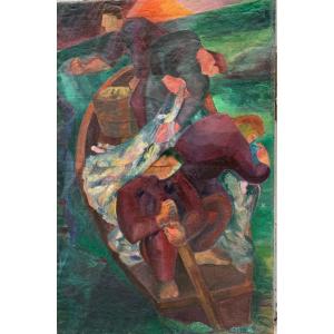 Old Large Canvas Painting Fishermen Marine Realism 1940s