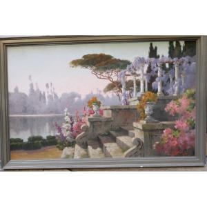 Large Oil Fresco Painting / Art Deco Panel Antoine Barbier Lyon School Le Parc Lyon