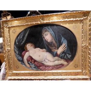 Oil / Canvas Painting Virgin Al Child Madonna Italian School Early 19th Century Frame Superb Holy