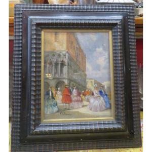 Oil Painting On Panel Venice Palazzo Ducale Nineteenth Carnival Lively With Baroque Costumes
