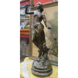 Bronze Sculpture Young Girl And The Bird By Julien Causse On 19th Century Rotating Base