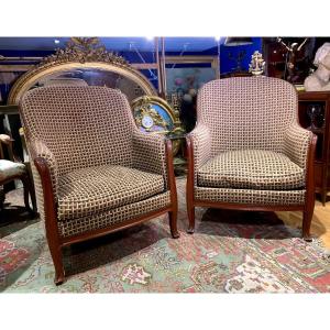 Pair Of Majorelle Armchairs In Mahogany Seaweed Model Art Nouveau Bergere