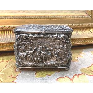 Rare Old 19th Century Silver Bronze Box Decorated With Erotic And Hunting Scenes Jewelry Box