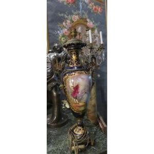 Large 19th Century Vase In Sevres Porcelain And Bronze Mounted As A Scene Galante Lamp