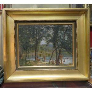 Julien Bourdon Oil / Hardboard Bathers In Collonges In Monts D Or Around Lyon 1930s