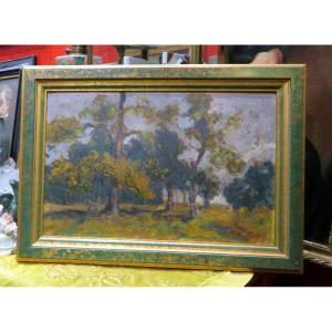 Large Painting By Eugène Brouillard Sous Bois Oil And Pencil On Cardboard Lyonnaise School