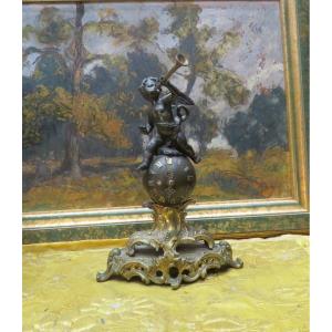 Old Lxv Style Clock Decorated With Cherub Putti In Bronze Watch Movement 1900 Period