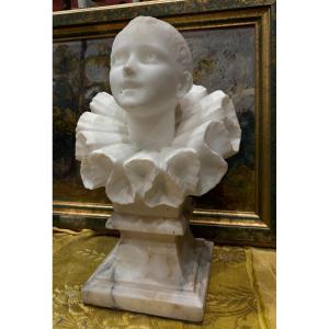 Buste De Pierrot En Albâtre Vers 1930 Sur Socle Clown Comedia Dell’arte