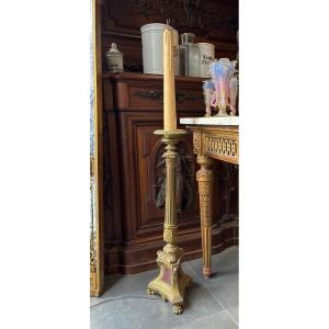Religieu.ancient Large Pique Torchère Candle In Brass Period 19th Empire Corinthian Capital 