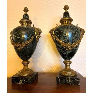 Old Pair Of Cassolette Pots Covered In Alpine Green Marble And Bronze, 1920 Period Approx.