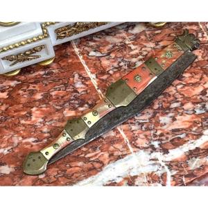 Antique Navaja Knife 19th Century Brass And Horn Wrought Iron Blade Large Model 