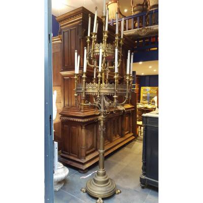 Impressive Chandelier Of Church Gothic Gothic Epoque Nineteenth Brass Candlestick 240 Cm !!!
