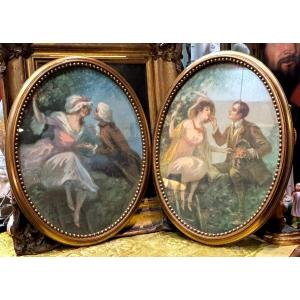 René Pean Pair Of Pastel Paintings Romantic Scenes Gallantry Through Time 