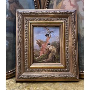 The Falconer On Horseback Oil Painting On Wood 19th Century Falconry Hunting Scene 