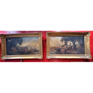 Rare Paire De Tableaux XIXe Huile Sur Toile Scène Mythologique Mariage Char De Cérès Vestale