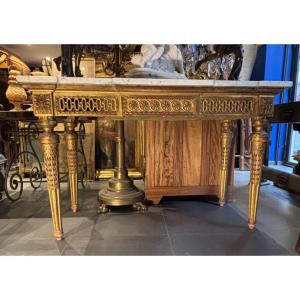 Large 19th Century Gilded Wood Console Table In Lxvi Style With Interlacing Decor 