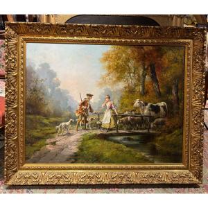 Large 19th Century Painting By Théodore Levigne, Romantic Pastoral Scene, The Hunter And The Shepherdess, Cow