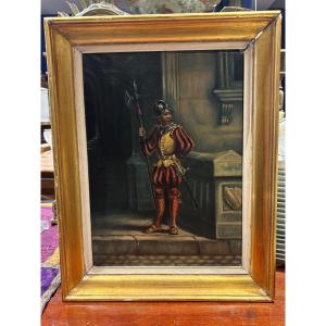 19th Century Painting The Halberdier Oil On Canvas In The 17th Century Soldier Style Signed And Dated
