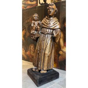 17th Century Large Sculpture Carved Wooden Statue Of A Monk Or St Joseph With A Child