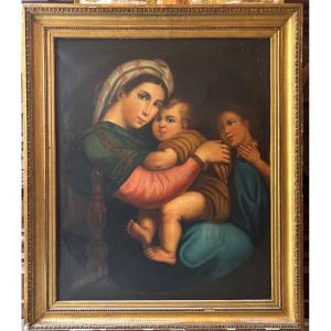 Large Religious Painting Virgin And Child After Raphael Oil On Canvas 19th Century