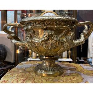 Antique Large Bronze Brass Cup 19th Century Krater With Greek Mythology Decor Bacchus