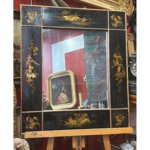 Chinese Black Lacquer Mirror With Asian Pastoral Scene Decor, 1950s Chinoiserie