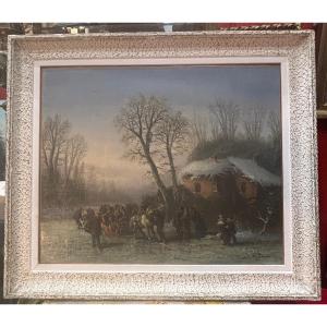 Van Ghell Painting Oil On Canvas 19th Century Troika Village Scene Russian Or Prussian School