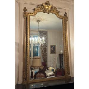Louis XVI Style Wooden And Gilded Stucco Mirror With Columns And Ostrich Feathers, 19th Century, Napoleon Ii