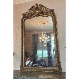 Antique Fireplace Mirror In Wood And Gilded Stucco With Shell And Gadroon Decoration From The 19th Century 