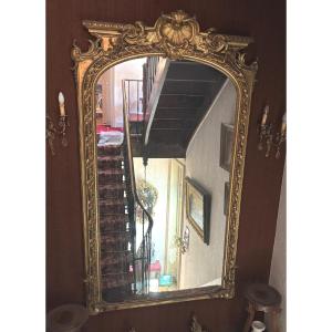 Important Louis Philippe 19th Century Mirror In Wood And Gilded Castle Stucco With Shell Decoration 