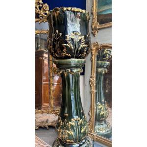 Barbotine Large Planter On Green And Gold Column, 1900s