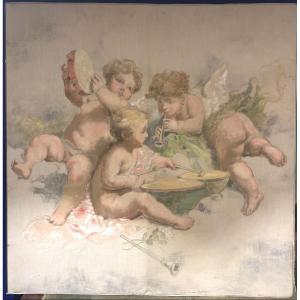Children's Painting: Babies, Putti, Musicians, Canvas On Panel 