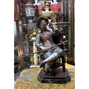 Seated Musketeer In Polychrome Spelter, 19th-century Sculpture
