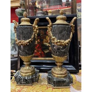 Pair Of Lxvi Style Green Alpine Marble Cassolette Vases