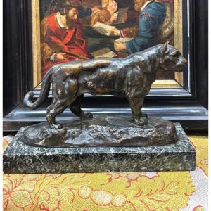 The Lioness Of Senegal, Antoine Barye Bronze Patina Medal, Signed On The Base 