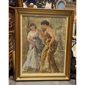 Giuseppe Mastellaro 1950 Large Paintings Of Elegant Women Oil On Canvas Under Glass