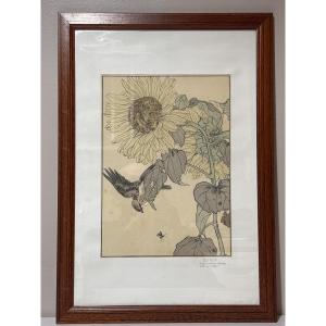Imaro Keinen Japanese Print 1892 Series Birds And Plants Serin And Sunflower