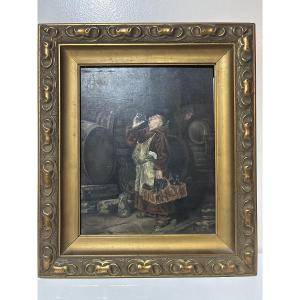 Lebreton Oil On Mahogany Monk Wine Cellar 19th Century