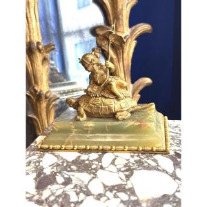 Young Girl With Turtle And Parasol 19th Century Small Gilt Bronze On Onyx Base