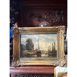 Louis Léonce Bucquet Oil On Canvas Small Port Near Rouen Three-masted Ship