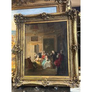 Louise émilie Leleux Giraud Scene Of Courtiers Of Interior Oil / Wood Swiss Artist 19th Century