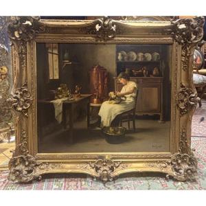 Bail Large Painting Oil / Canvas 19th Century The Cleaning Of Coppers In The Kitchen