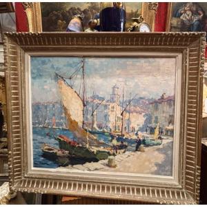 Mourgue Large Painting Oil On Canvas The Port Of St Tropez Marine