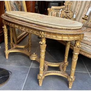 19th Century Gilded Wood Lxvi Style Bench With Cane And Napoleon 3 Tapestry Aubusson Cushions