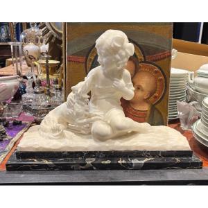 Alberto Saccardi Young Girl With Greyhound Marble Sculpture Art Deco Period 1930