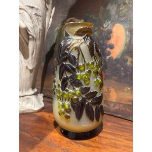 émile Gallé Blown Vase Cherry Rowan Décor Pâte De Verre