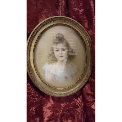 Bel Pastel Old Girl Girl Epoque 1904 Olivier Signed Portrait Frame Medallion